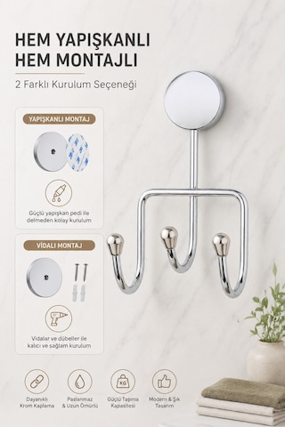 Alper Banyo Krom 3'Lü Banyo Askısı, Havlu Ve Bornoz Askılığı