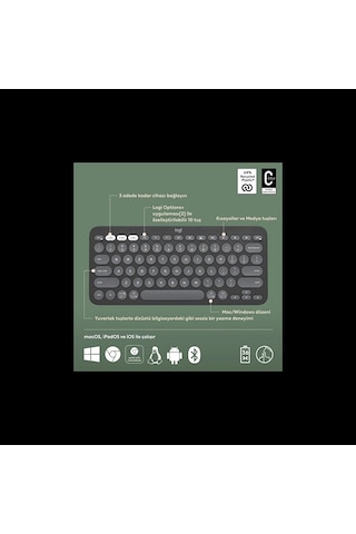 Logıtech K380s, Pebble Keys 2, Siyah, 920-011859, Bluetooth, Türkçe, Q, Multimedya, Mini Klavye