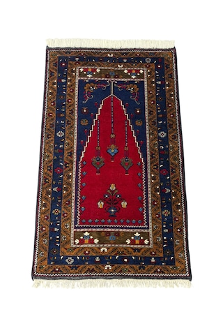 El Dokuma Sıfır Yahyalı Seccade 86x140 Lacivert Kırmızı Kök Boya %100 Yün Namazlık