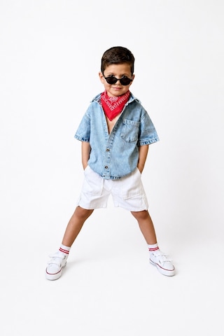 Eray Alp Kids Erkek Çocuk Mavi Kot Gömlek Beyaz Cepli Şort Takımı Günlük Rahat Kombin