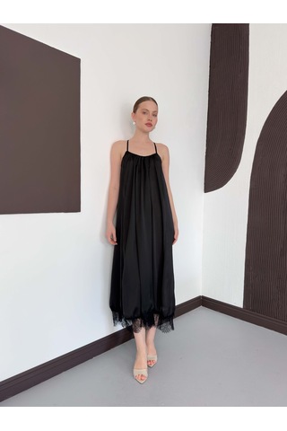 Verymoda Dantel Detaylı Saten Elbise D3022 Siyah