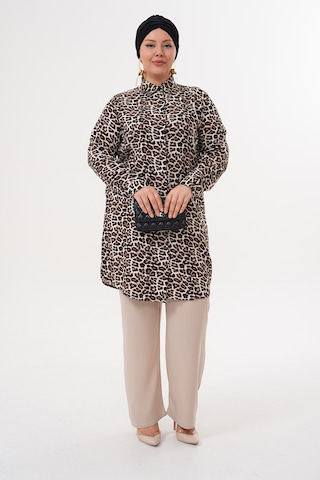 Polologin Butik Leopar Çizgili Hakim Yaka Tunik Çizgili Leopar