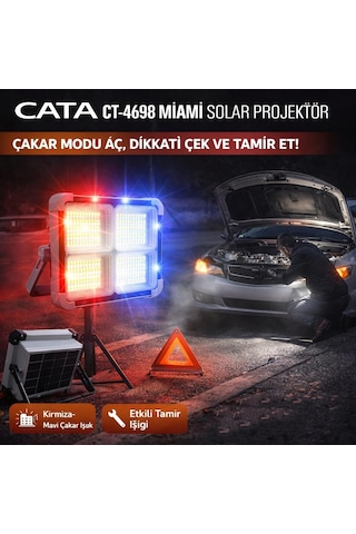 Cata Ct-4698 Miami Solar Led 200w Şarjlı Projektör Çakarlı Fener Gri