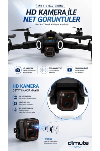 Int-t16 Uav Drone Hd Kamera Fırçasız Motorlu Uzaktan Kumandalı Katlanabilir Drone