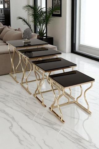 Limbo 4'lü Kare Zigon Sehpa Seti Gold Ayak, Krem Mdf Siyah-gold