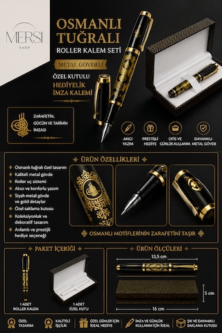 Osmanlı Tuğralı Roller Kalem Seti Metal Gövdeli Özel Kutulu Hediyelik İmza Kalemi Altın - Çelik - Siyah