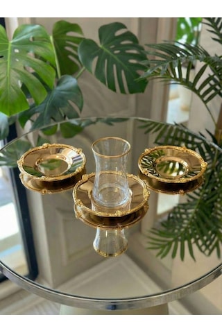 Elta Collection 12 Parça 6 Kişilik Gold Metal Çerçeveli Çay Seti 6 Bardak 6 Metal Tabak Lüks Sunum Altınmetal
