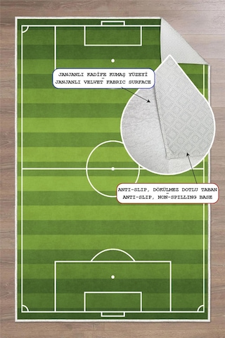 Futbol Sahası Desenli Yıkanabilir Kaymaz Taban Çocuk Oyun Halısı Yeşil