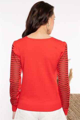 Kadın V Yaka Kolu Dantel Detaylı Kırmızı Bluz-Kırmızı