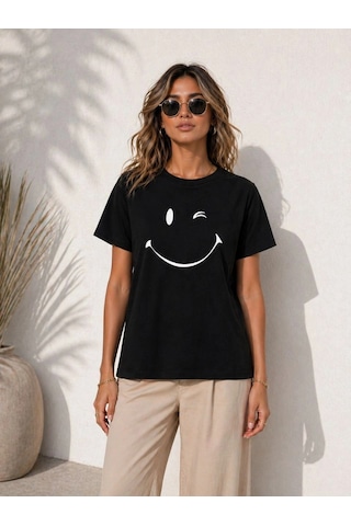 Primemagazam Kadın Minimal Gülümseyen Yüz Baskılı Tişört Kısa Kol Yazlık T-shirt - Siyah Çeşitli