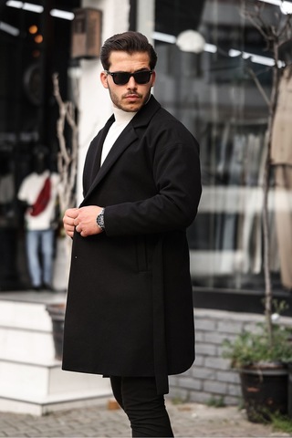 Mero Life Erkek Siyah Kemerli Oversize Rahat Kesim Kaşe Kaban Siyah