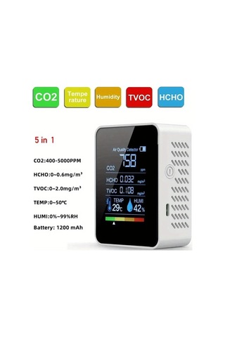 Boatshop1 5 İn 1 Hava Kalite Monitörü Pm2 5 Pm10 Hcho Tvoc Co2 Dedektörü Gerçek Zamanlı Usb Şarjlı Pil Renkli Lcd Ekran Siyah