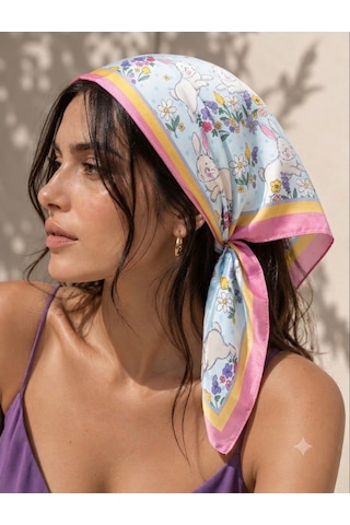 Trend Dokunuş Kadın 50-50 Saten Bahar Renkli Fular Bandana Sarı - Pembe