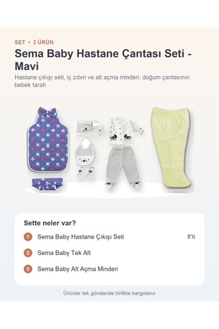 Sema Baby Hastane Çantası Seti 3 Parça: Hastane Çıkışı Seti + Tek Alt + Alt Açma Minderi - Mavi