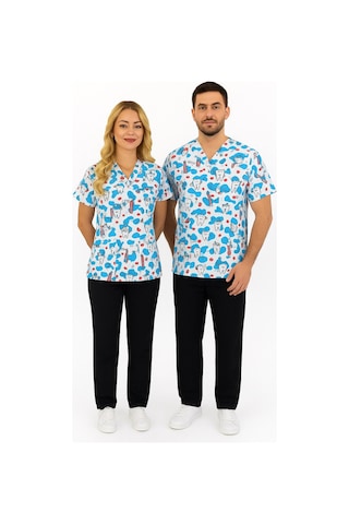 Unisex Beyaz Diş Desenli Diş Hekimi, Diş Doktoru, Diş Teknisyeni Scrubs Üniforma Takım Beyaz - Siyah