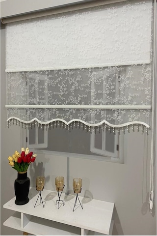 İncilifehome İcl4003b Çift Mekanizmalı Dal Desenli Tül Ve Stor Perde Kırık Beyaz Boncuklu Kırık Beyaz