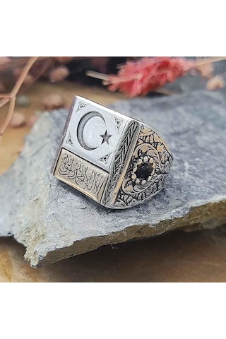 925 Ayar Gümüş Ayyıldız Kelime-i Tevhid Model Kalem İşlemeli Erkek Yüzük Gümüş