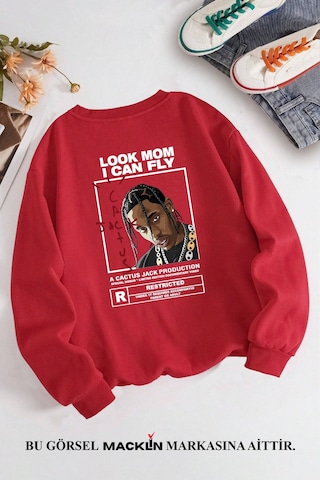 Macklin Unisex Kadın Erkek Travis Scott Cactus Jack Özel Tasarım Baskılı Bisiklet Yaka Sweatshirt Kırmızı Mck1299 Kırmızı