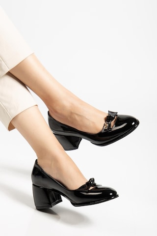 Büyük Beden Kadın Kalın Topuklu Ayakkabı Siyah Rugan Fiyonklu Yuvarlak Burun-4300 Siyah