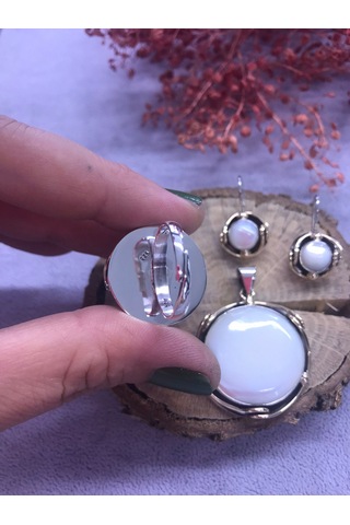 Nsa Gümüş Sedef Taşlı 925 Ayar Doğal Taş El İşi Gümüş Set