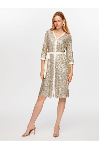 Payet İşli V Yaka 3/4 Kol Abiye Gömlek Elbise W26aby009 Uw26aby00934 Bej