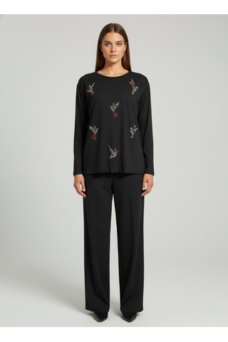 Taş Desenli Uzun Kollu Bambu Viskon Kumaş Bluz Siyah 3