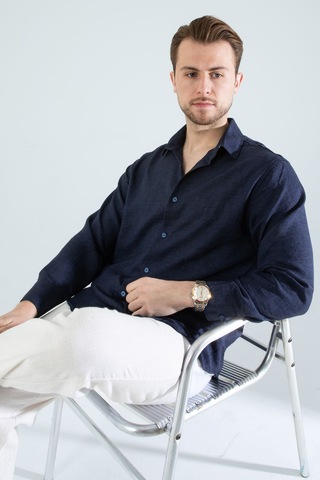 Rahat Kesim Keten Dokulu Gömlek Lacivert