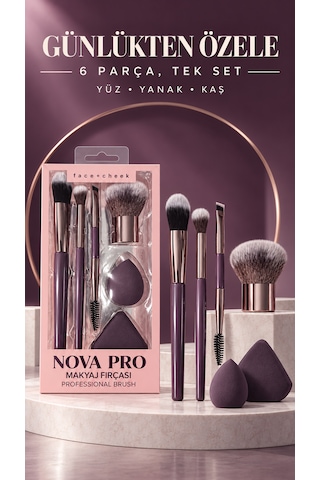Nova Pro Face + Cheek 6 Parça Profesyonel Makyaj Fırçası Ve Sünger Seti Lila