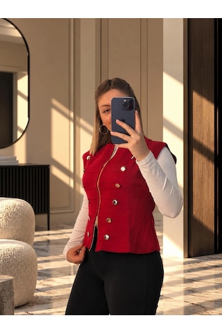Elora Atelier Pankou Çin Düğme Detaylı Kırmızı Triko Yelek Kırmzı