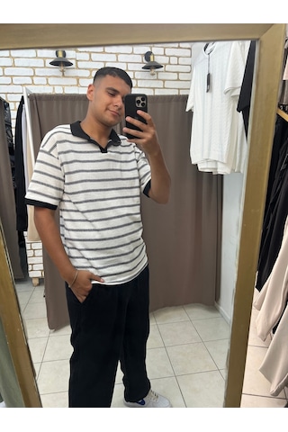 Tuba Toptaş Çizgili Yakalı Triko Tshirt Beyaz