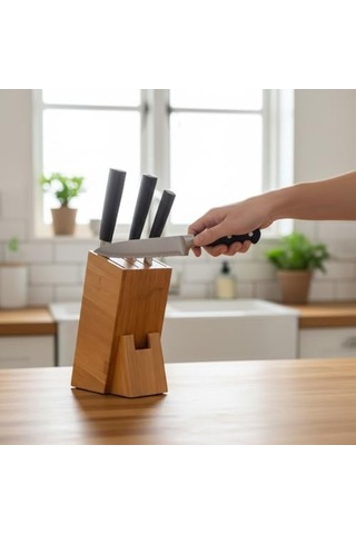 Bambu Ahşap Bıçak Standı 220 Mm Eğik Tasarım, Kaymaz Tabanlı, Çoklu Bıçak Yuvalı, Modern Ve Doğal Mutfak Düzenleyici 6999