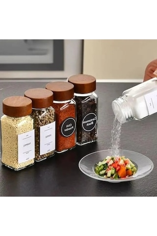 12'li Bambu Ve Akasya Kapaklı Cam Baharatlık Seti, 120 Ml Açık Bej