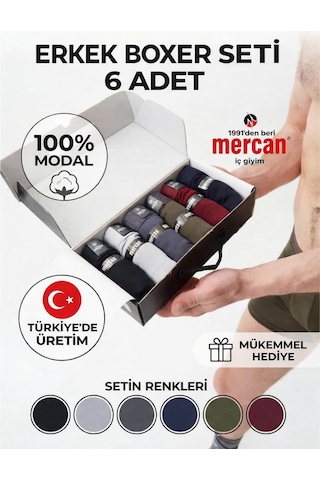 Mercan Erkek Modal Boxer Kutuda 6'lı Set Siyah,gri,haki,füme,bordo,lacivert