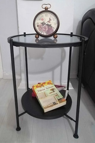 Nordic Yan Sehpa Temperli Cam 40 Cm Demonte Çizilmez Kırılmaz Metal Çerçeve Raflı Minimalist Sehpa - Siyah Siyah