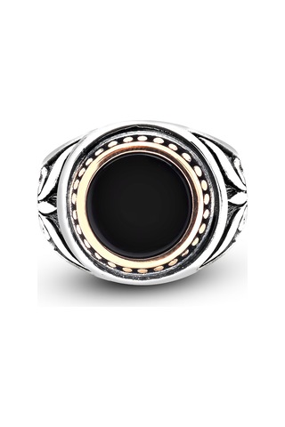 Kuyumcudukkanı Akik Renk Taşlı Üstü Bronz Parçalı Elyapımı Gümüş Erkek Yüzük-60013-w-blk 18 Beyaz