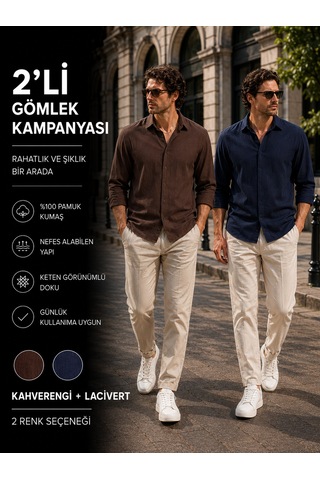 Danger 2'li Erkek Pamuklu Keten Görünümlü Gömlek Kahverengi - Lacivert %100 Pamuk Rahat Kalıp Yazlık Gömlek 1683