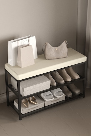 Aju Ayakkabılık Puflu Süngerli Oturaklı Metal Ayakkabı Rafı Modern Vestiyer Baklavalı Metal Tasarım Benc Krem