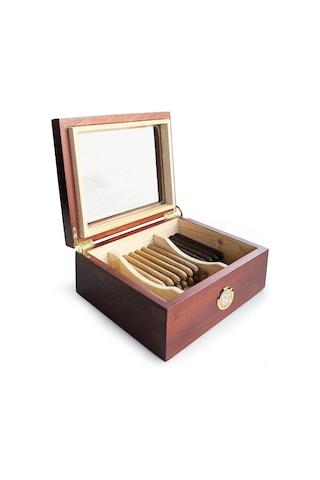 Mezmob Masif Yerli Sedir Ağacı Humidor Puro Kutusu Camlı 2 Bölmeli