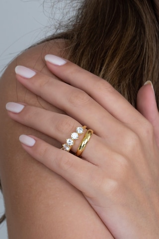 Takı Dükkanı Gold Renk 4mm Gümüş Alyans Ve Hafif Gümüş Beştaş Yüzük Seti Wsr124