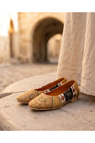 Futsishoes Vıttorıa Hakiki Deri Etnik Desenli Kadın Sarı Kilim Desenli Babet