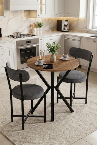 Mutfak Masası 70 Çap Yuvarlak 2 Sandalyeli Masa Takımı Modern Set Bahçe Balkon Cafe Teddy 9840 Gri Diğer
