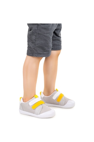 Kiko Kids Textile Cırtlı Erkek Bebek Spor Ayakkabı Gri - Sarı