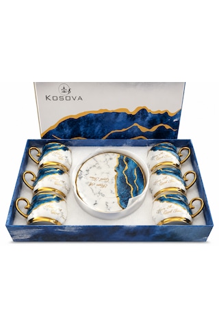 Premium Porselen 6 Kişilik Türk Kahvesi Fincan Takımı Mavi Mermer Desenli Gold Detaylı Şık Hediye Seti Çok Renkli