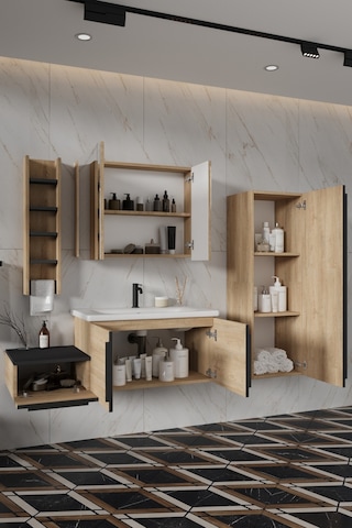Zakkum 120 Cm %100 Mdf Lavabolu Banyo Dolabı Dolaplı Aynalı Üst Dolap Boy Dolabı Havluluk Lefkas Meşe