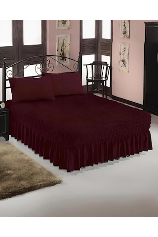 Etekli Çarşaf Yatak Örtüsü Bürümcük Kumaş Lastikli 1 Adet Bordo Bordo