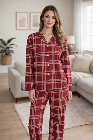 Tenra Kadın Pijama Takımı Licralı Boydan Düğme Bordo