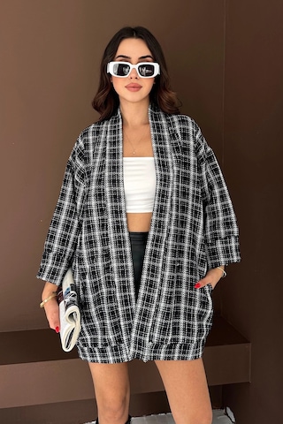Kare Desenli Kimono Siyah Siyah