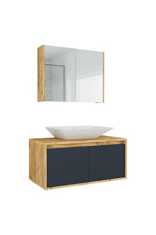 Banos Roomart Lavabolu Ahşap-Antrasit 100 Cm Banyo Dolabı + Ayna Antrasit