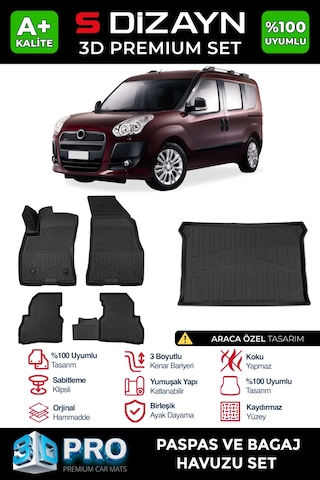 S-dizayn Fiat Doblo Geniş Aile 3d Pro Havuzlu Paspas Ve Bagaj Havuzu Seti 2'li Set 2010-2022 A+ Kalite