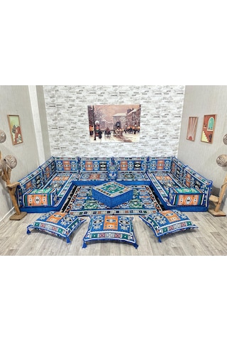 Coton Şark Köşesi Milas Desenli Minder Takımı Mavi